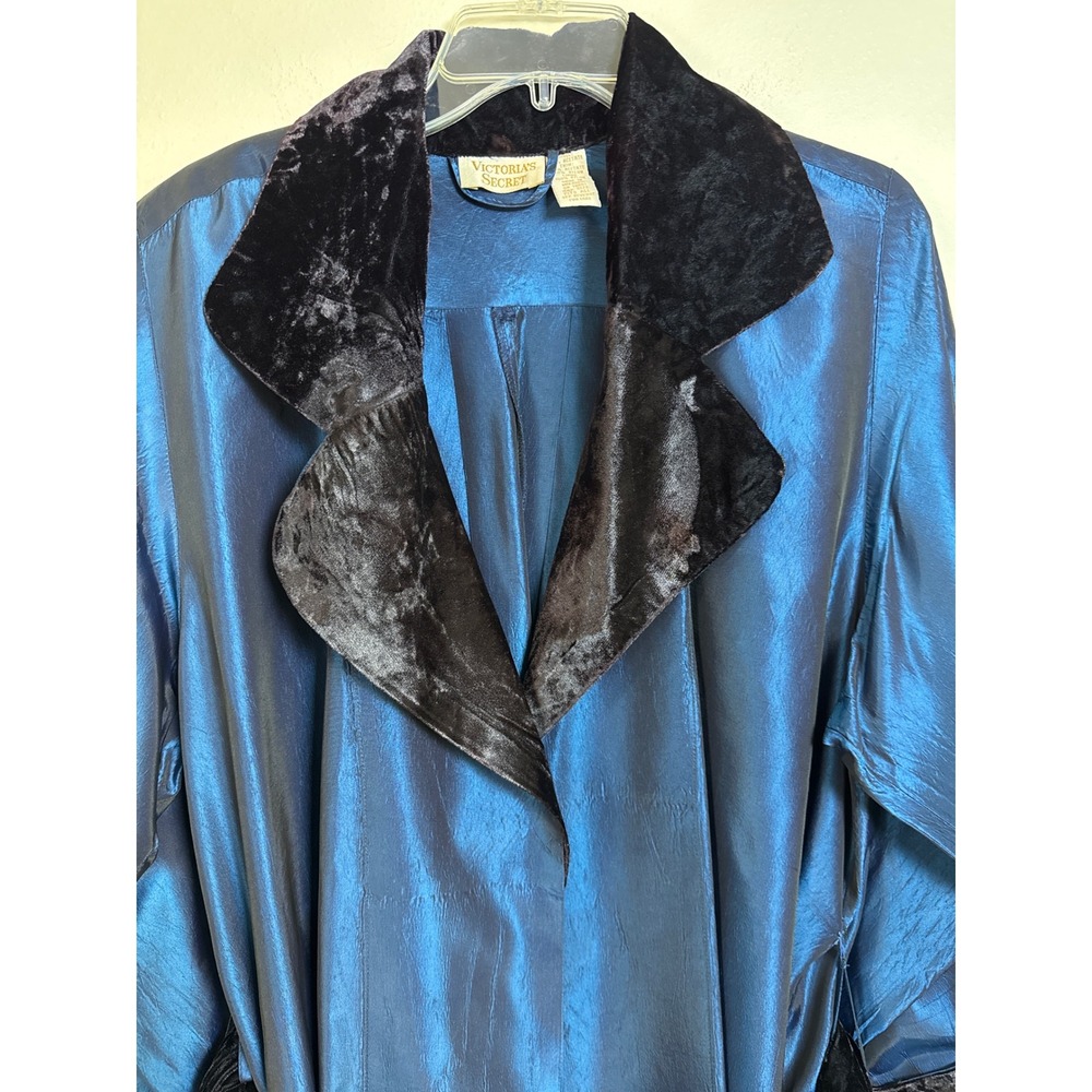 Vintage Victoria's Secret Satin Velvet Trim Robe Blue Black Hi Lo Hem‎ One Size
